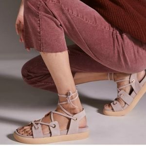 Anthropologie Suede Taupe Pink Gladiator Tie Up Sandals Size38 NIB